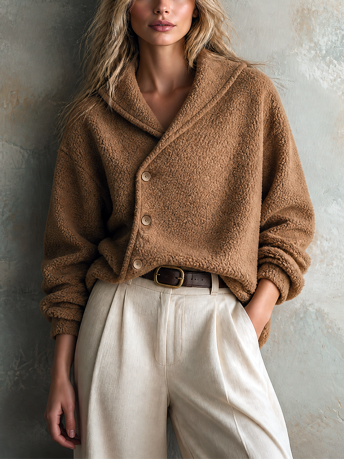Chic Casual Camel Shawl Collar Asymmetric Button Long-Sleeve Patch Pocket Loose-Fit Teddy Fleece Jacket