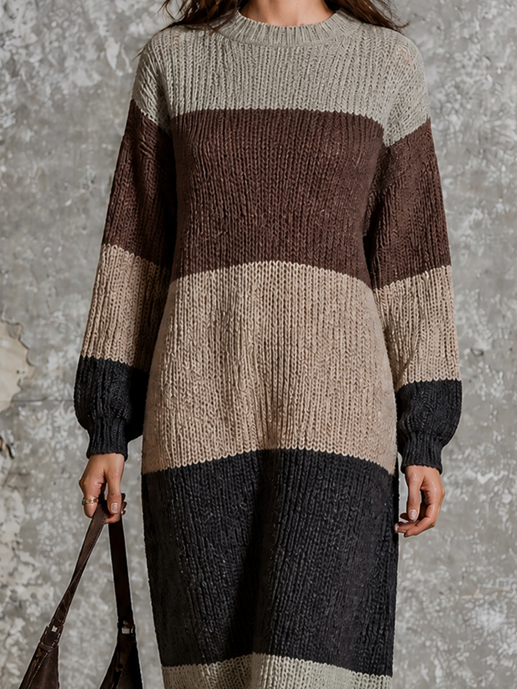Chic Elegant Multi‑Color Stripes Round-Neck Long-Sleeve Loose-Fit Chunky Knit Maxi Dress