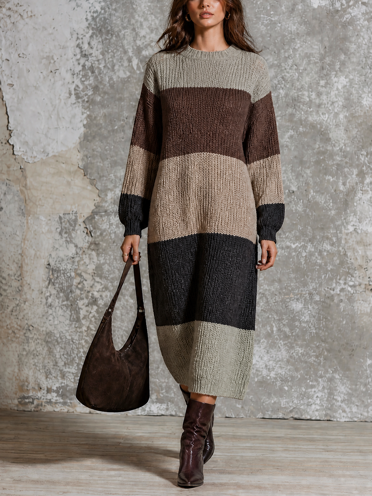 Chic Elegant Multi‑Color Stripes Round-Neck Long-Sleeve Loose-Fit Chunky Knit Maxi Dress
