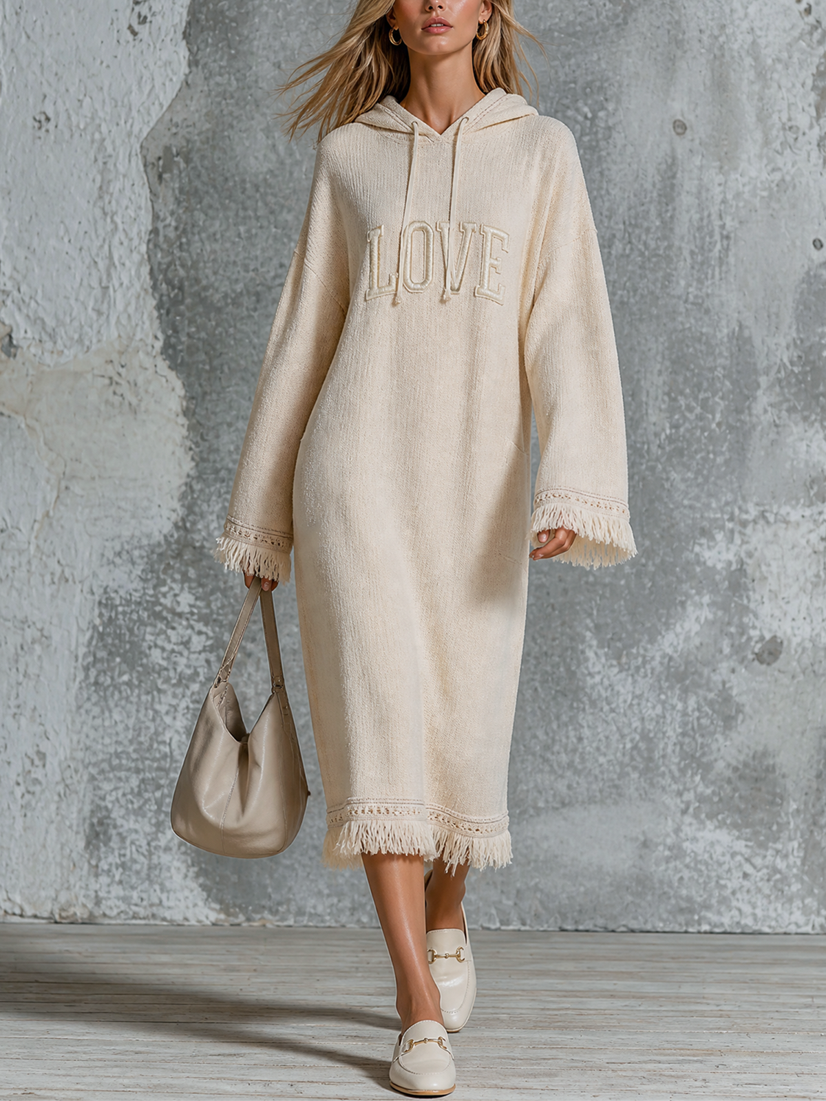 Chic Casual Off‑White Hooded Letter Embroidery Drop‑Shoulder Long-Sleeve Loose-Fit Fringe Trim Textured Knit Maxi Dress