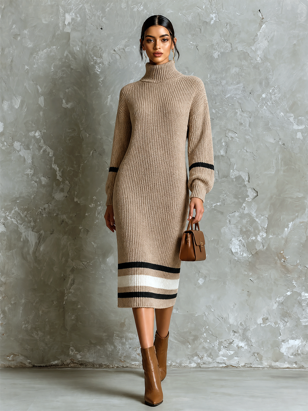 Chic Elegant Camel Turtleneck Contrast Striped Trim Long-Sleeve Loose-Fit Ribbed Knit Midi Dress