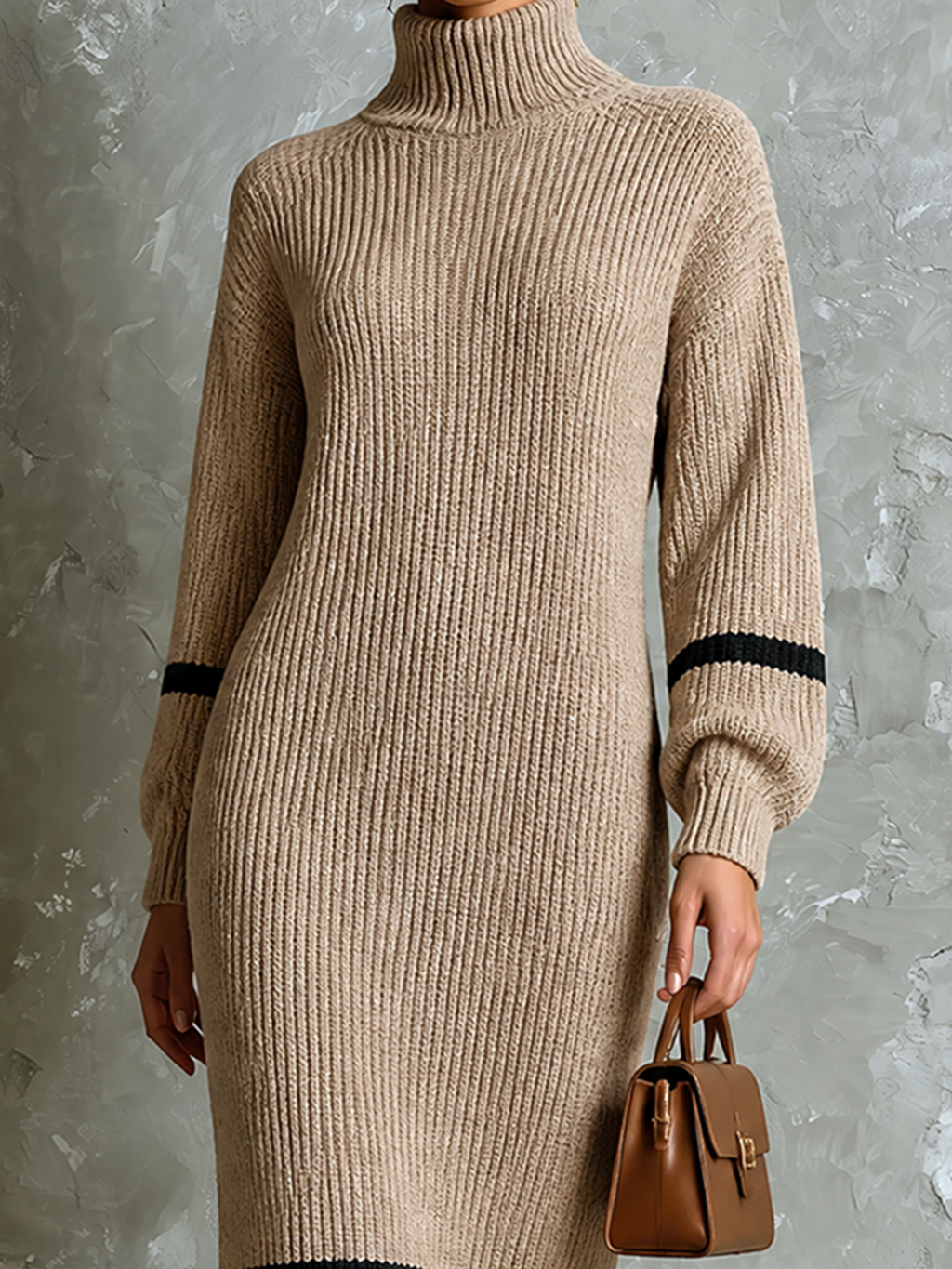 Chic Elegant Camel Turtleneck Contrast Striped Trim Long-Sleeve Loose-Fit Ribbed Knit Midi Dress