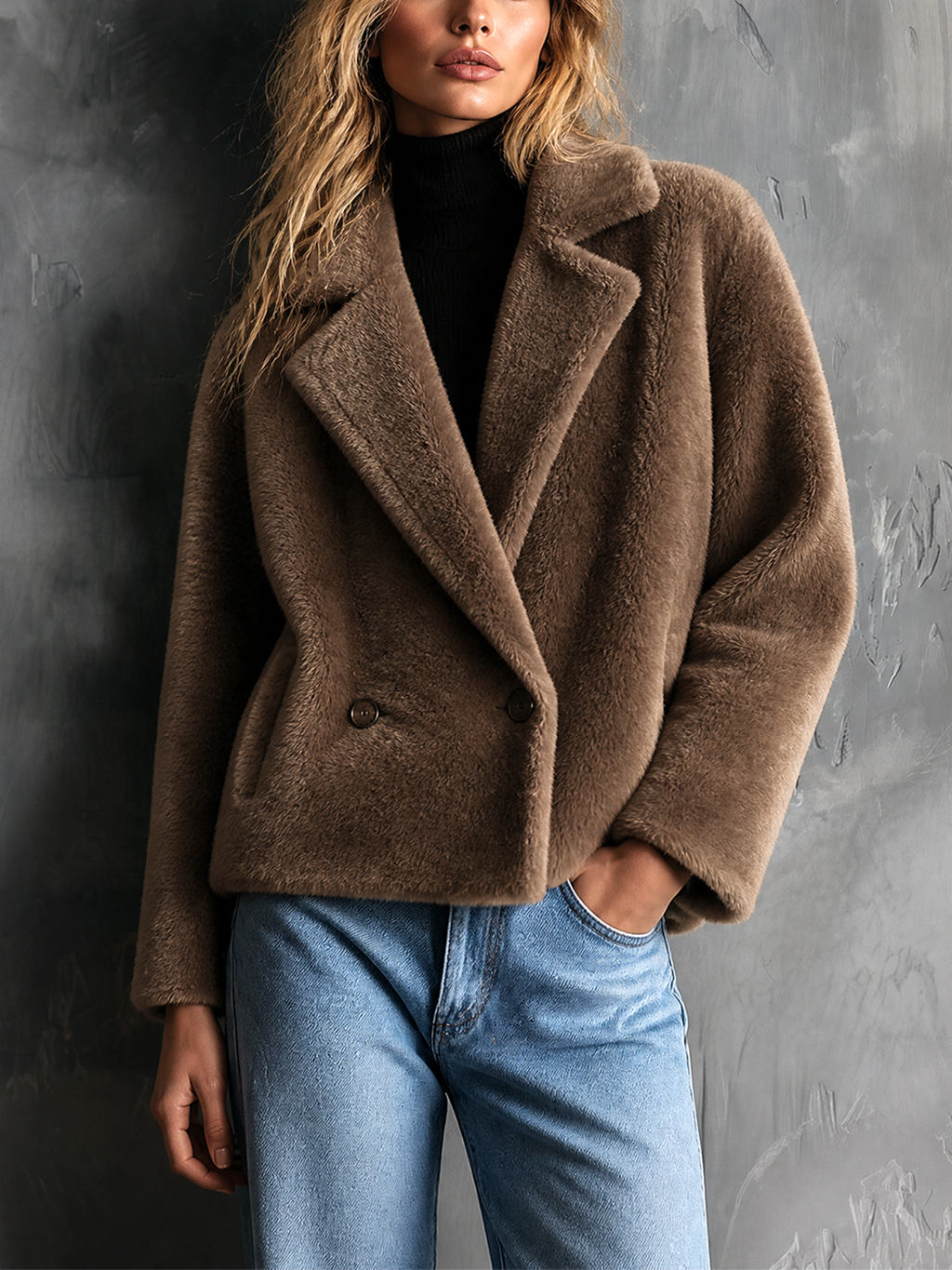 Chic Casual Taupe Brown Notched Lapel Double‑Breasted Long-Sleeve Loose-Fit Faux Fur Cropped Coat