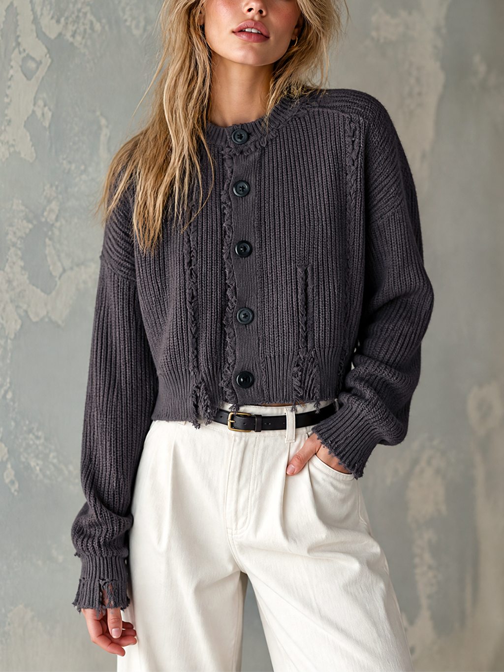 Chic Casual Charcoal Gray Round-Neck Single-Breasted Long-Sleeve Loose-Fit Frayed Edge Knit Cardigan