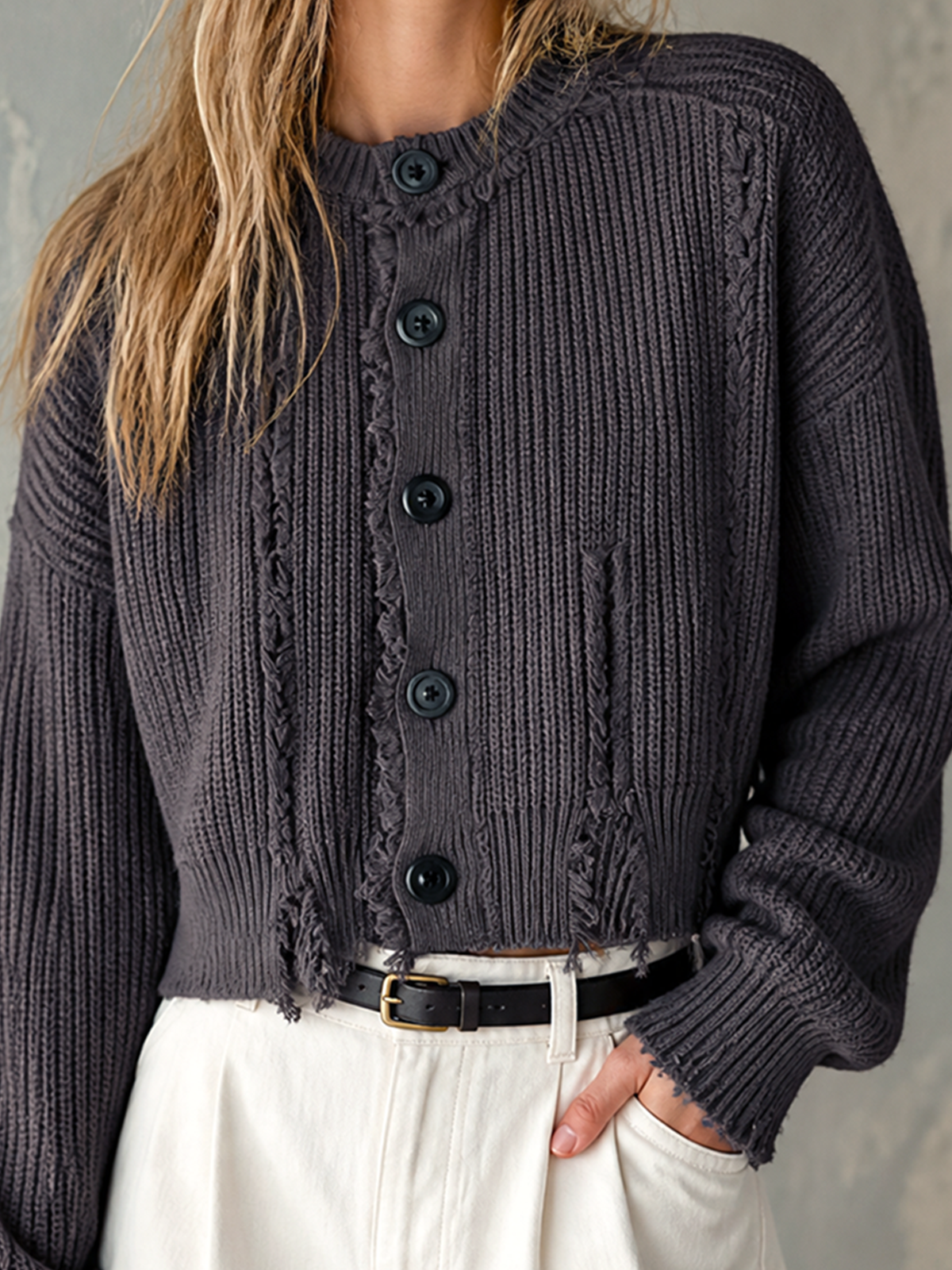 Chic Casual Charcoal Gray Round-Neck Single-Breasted Long-Sleeve Loose-Fit Frayed Edge Knit Cardigan
