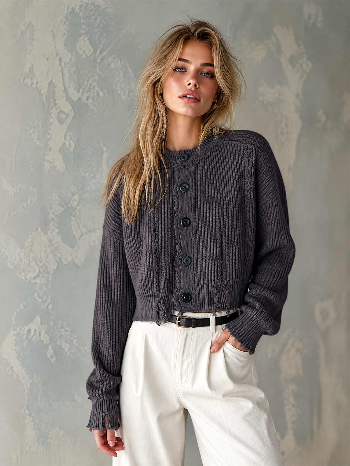 Chic Casual Charcoal Gray Round-Neck Single-Breasted Long-Sleeve Loose-Fit Frayed Edge Knit Cardigan