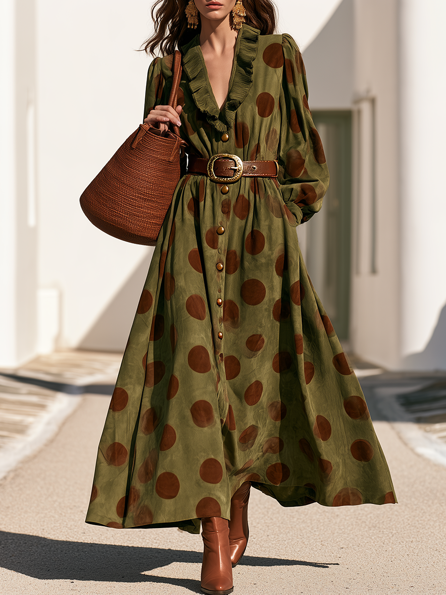 Retro-Chic Polka-Dot Ruffles And V-Neck Olive Green Faux Suede Maxi Dress