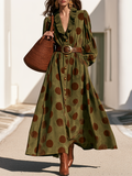 Retro-Chic Polka-Dot Ruffles And V-Neck Olive Green Faux Suede Maxi Dress