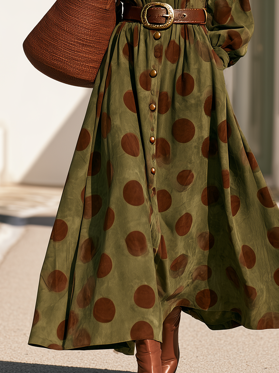 Retro-Chic Polka-Dot Ruffles And V-Neck Olive Green Faux Suede Maxi Dress