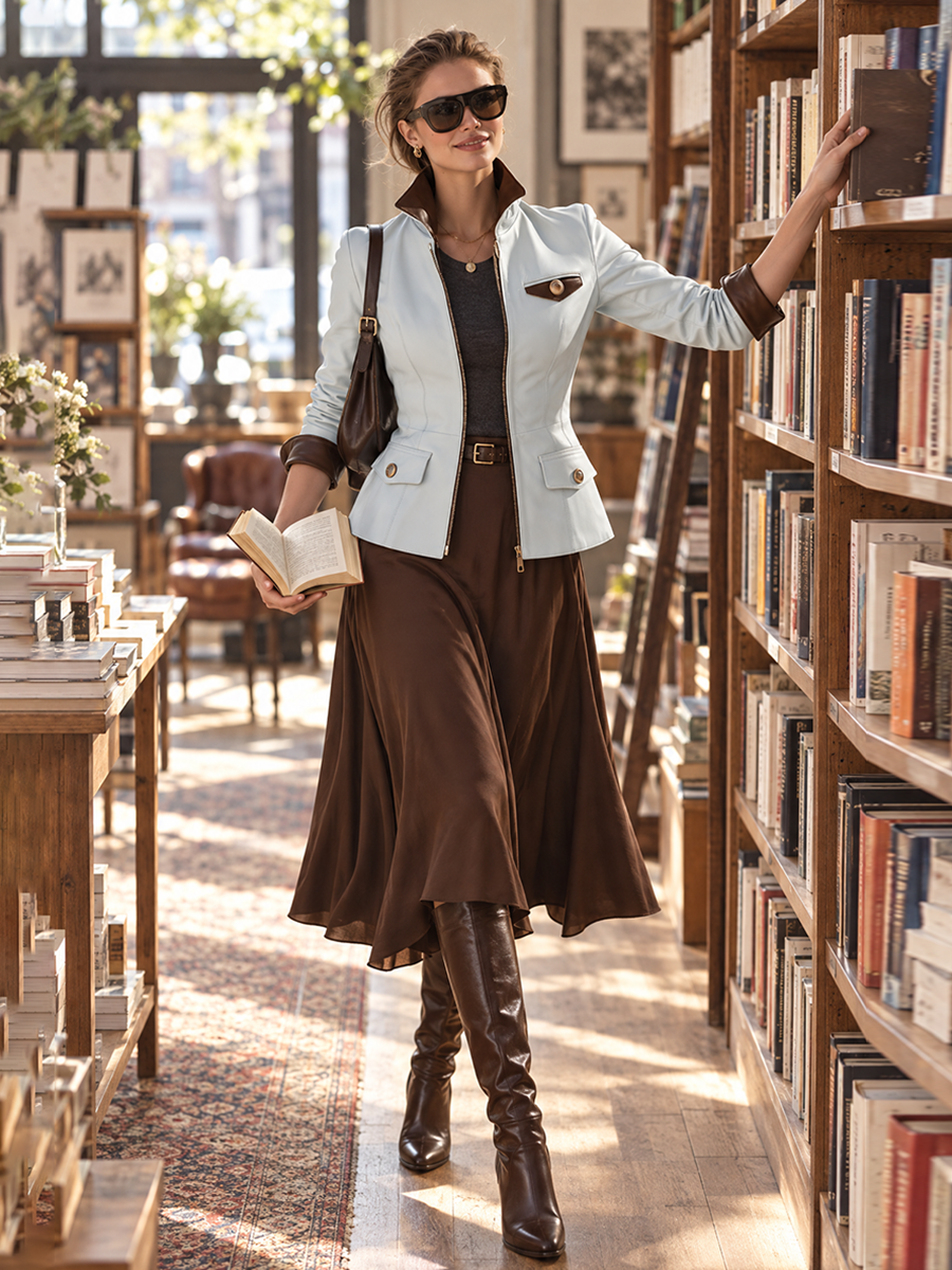 Light Blue Leather-Look Zip-Front Jacket With Chocolate-Brown Collar And Cuffs Jacket