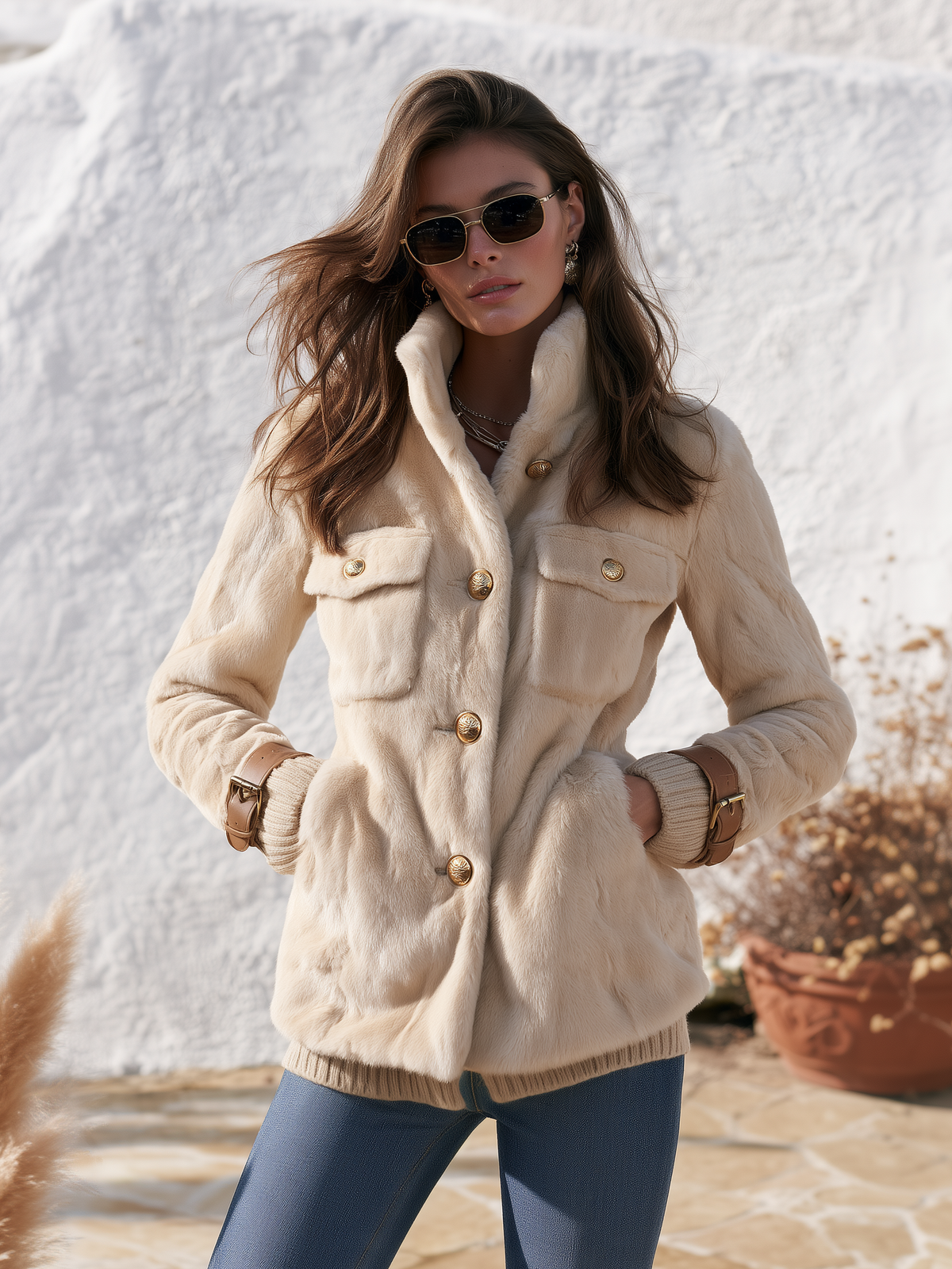 Elegant Casual Solid Color Stand Collar Faux Fur Coat