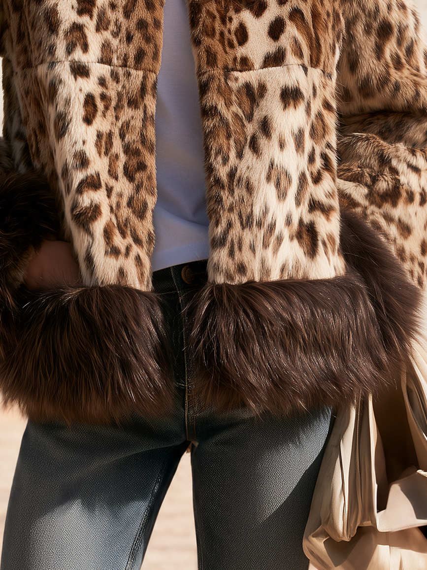 Retro-chic Leopard Print Round Neck Faux Fur Short Coat