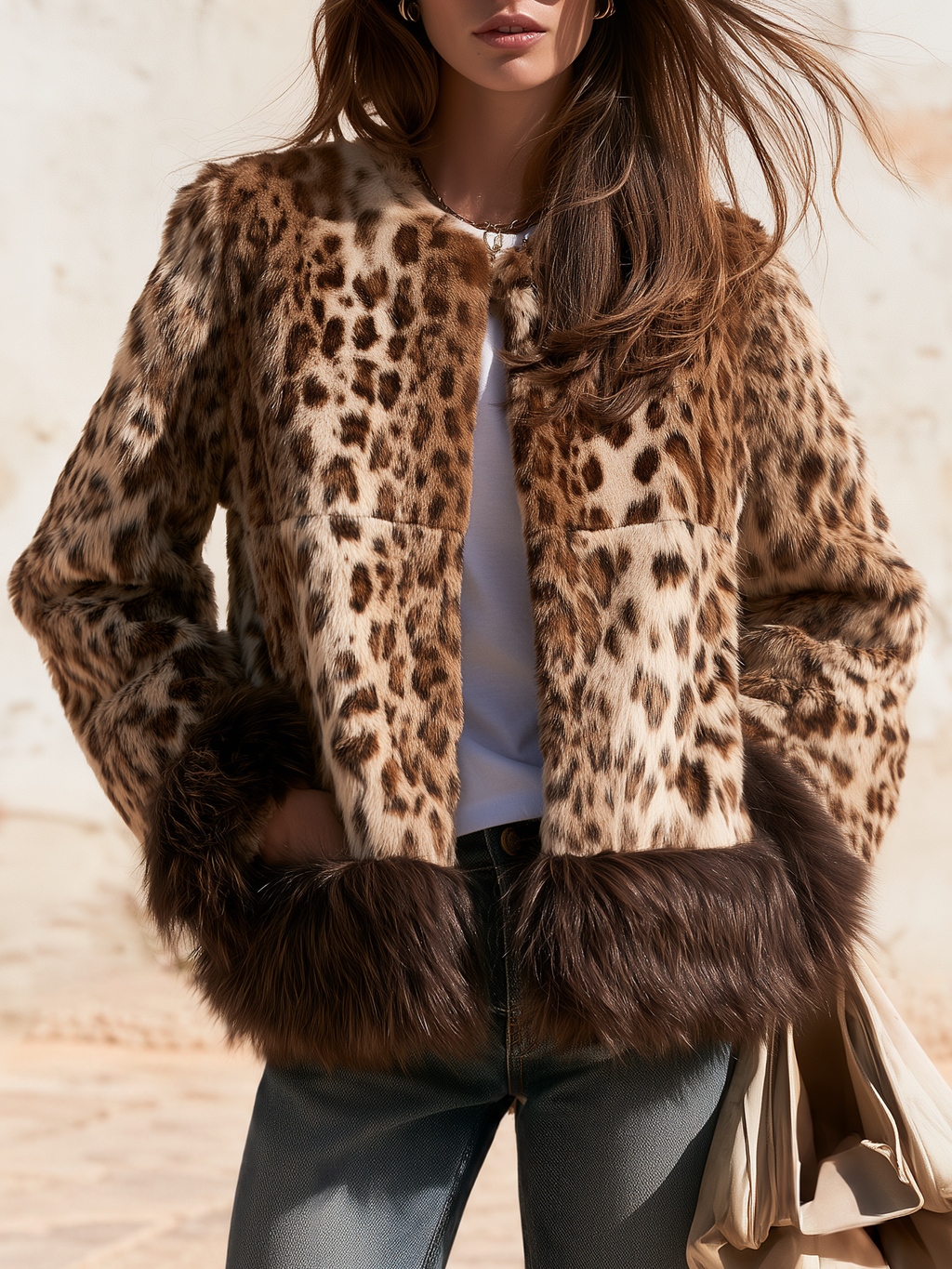 Retro-chic Leopard Print Round Neck Faux Fur Short Coat