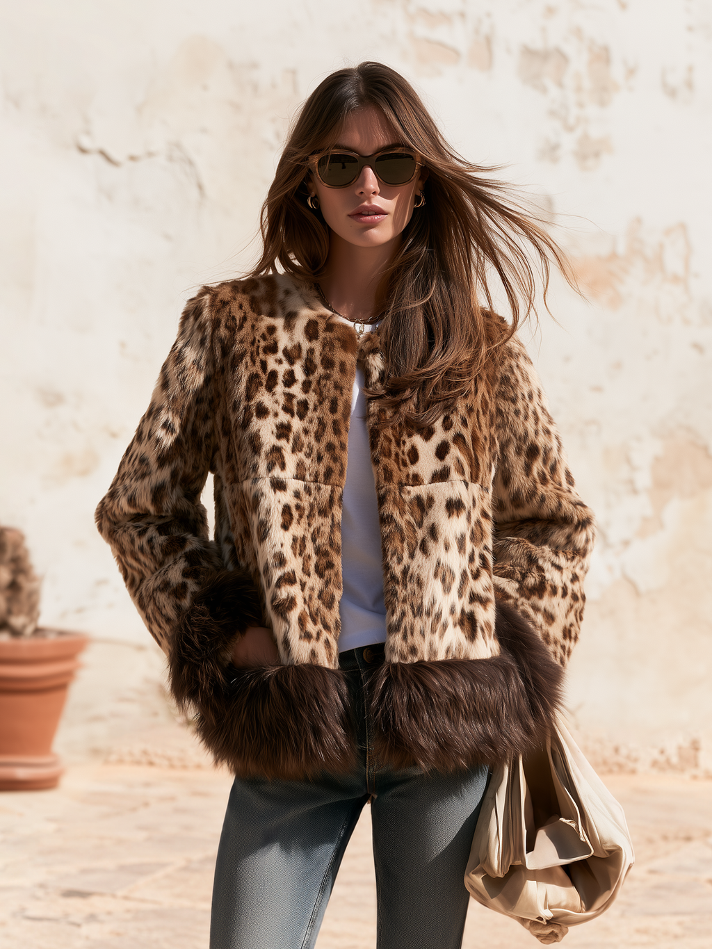 Retro-chic Leopard Print Round Neck Faux Fur Short Coat
