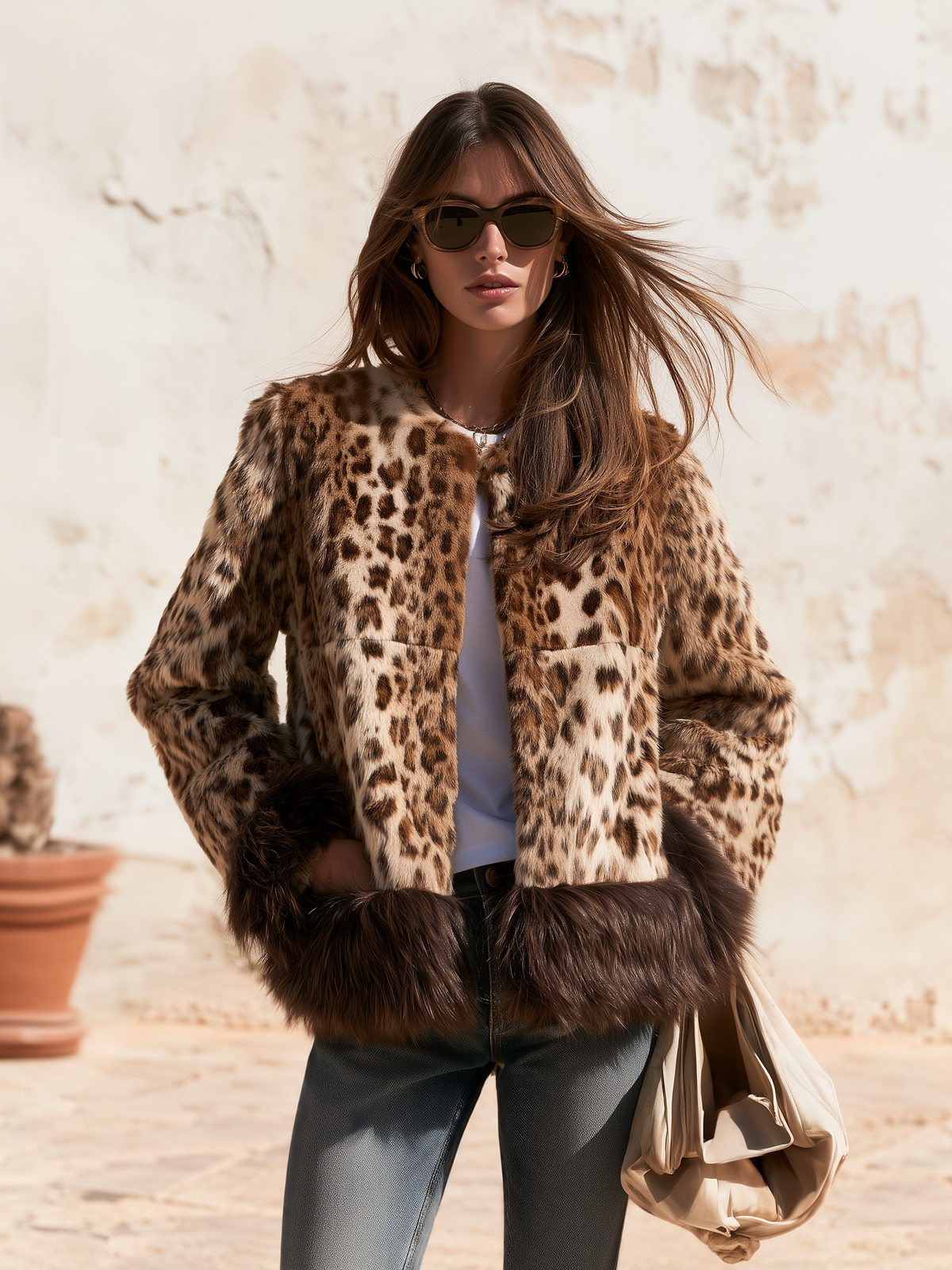 Retro-chic Leopard Print Round Neck Faux Fur Short Coat