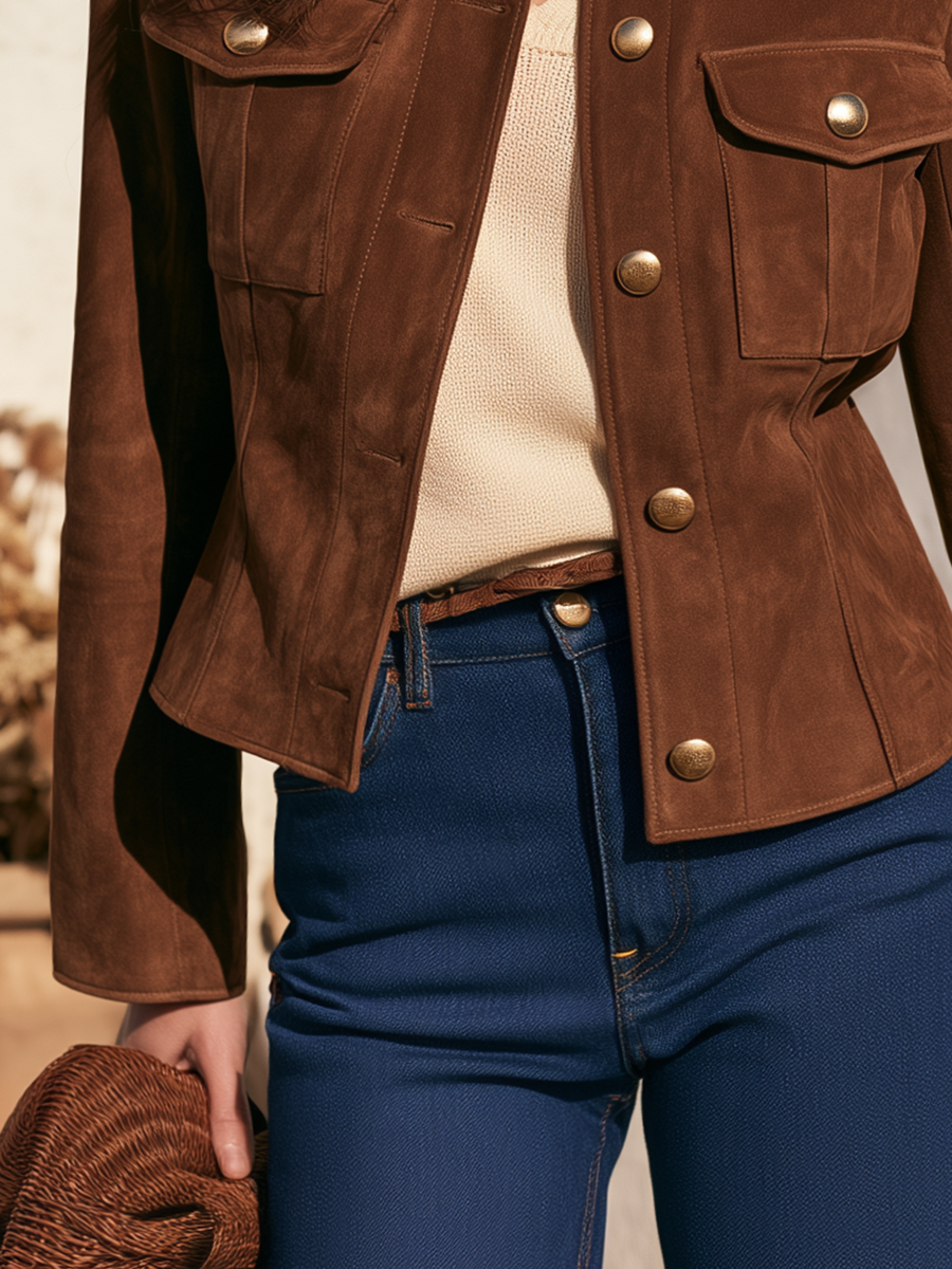 Retro-chic Long-sleeve Faux Suede Jacket
