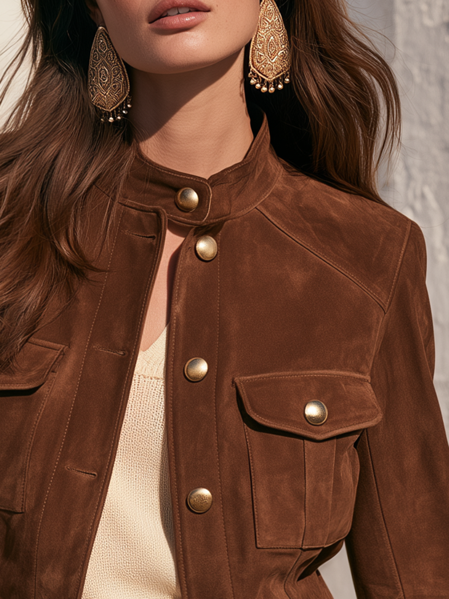 Retro-chic Long-sleeve Faux Suede Jacket