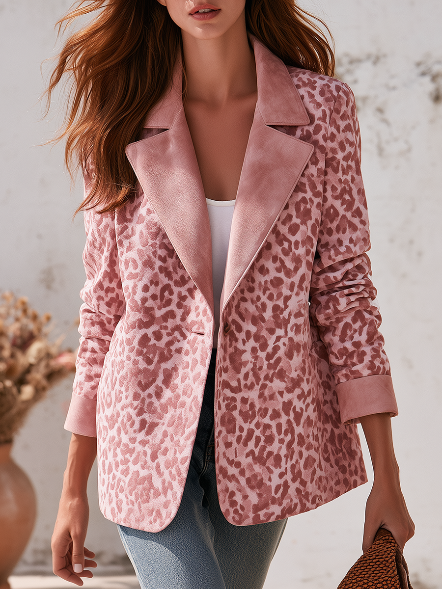 Women's Contrast Lapels and Cuffs Pink Leopard Print Faux Suede Blazer
