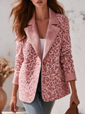 Women's Contrast Lapels and Cuffs Pink Leopard Print Faux Suede Blazer