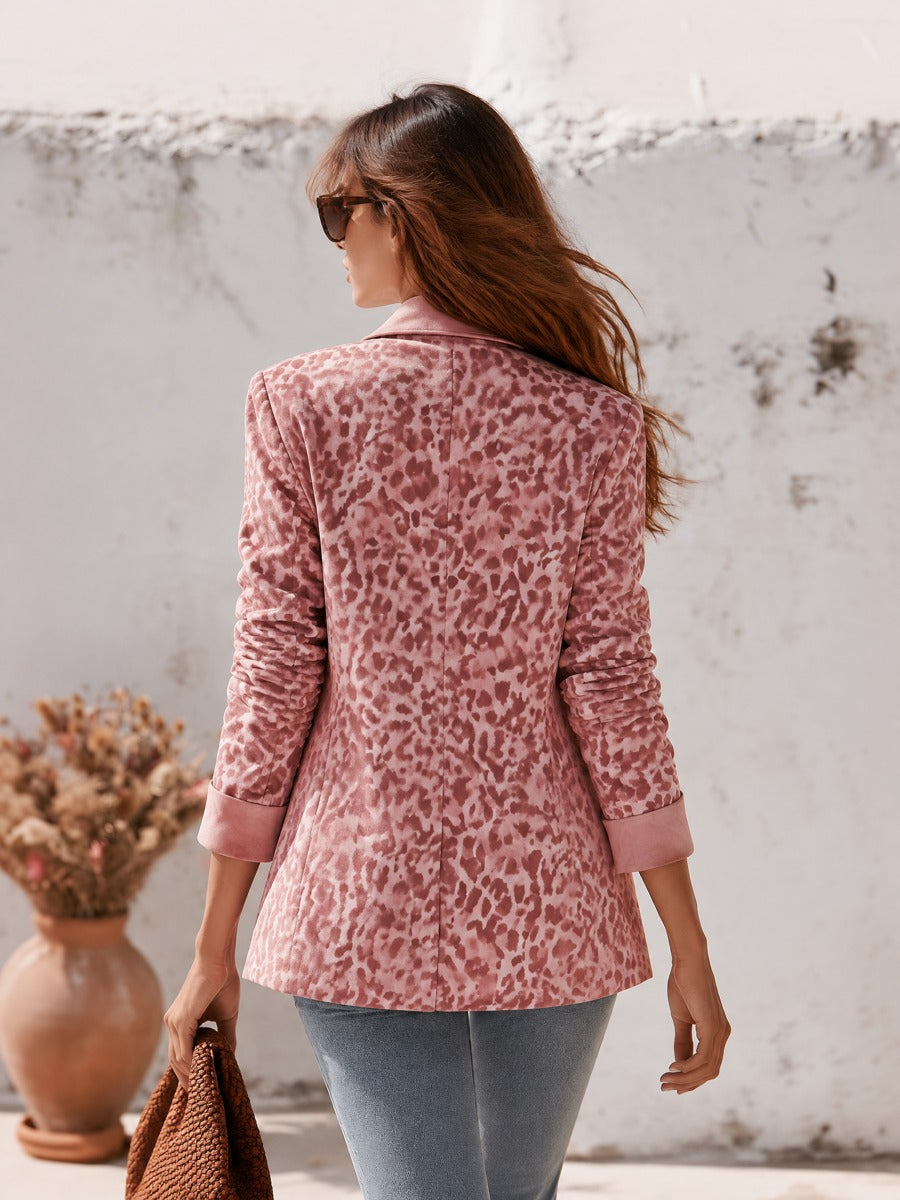 Women's Contrast Lapels and Cuffs Pink Leopard Print Faux Suede Blazer