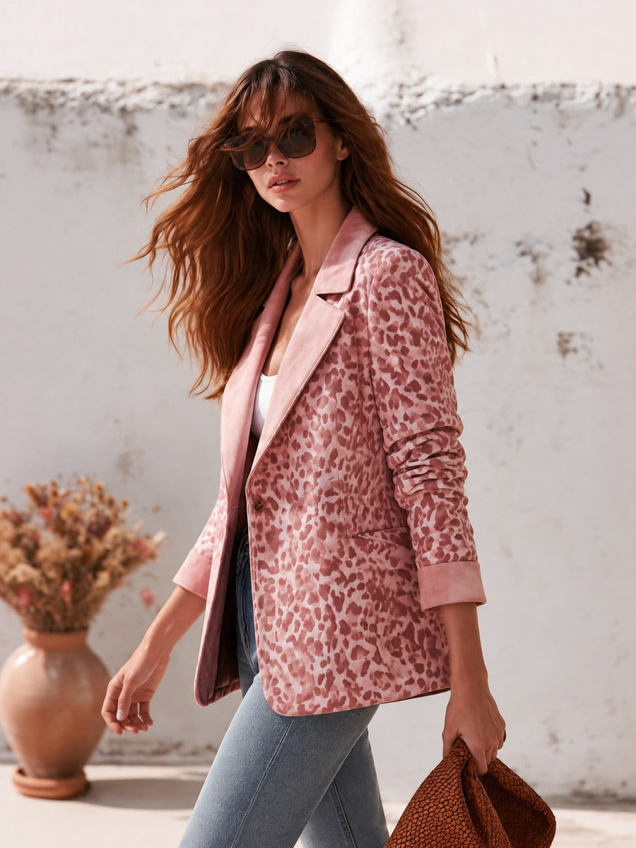 Women's Contrast Lapels and Cuffs Pink Leopard Print Faux Suede Blazer