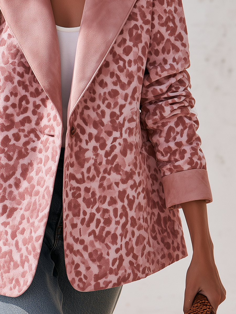 Women's Contrast Lapels and Cuffs Pink Leopard Print Faux Suede Blazer
