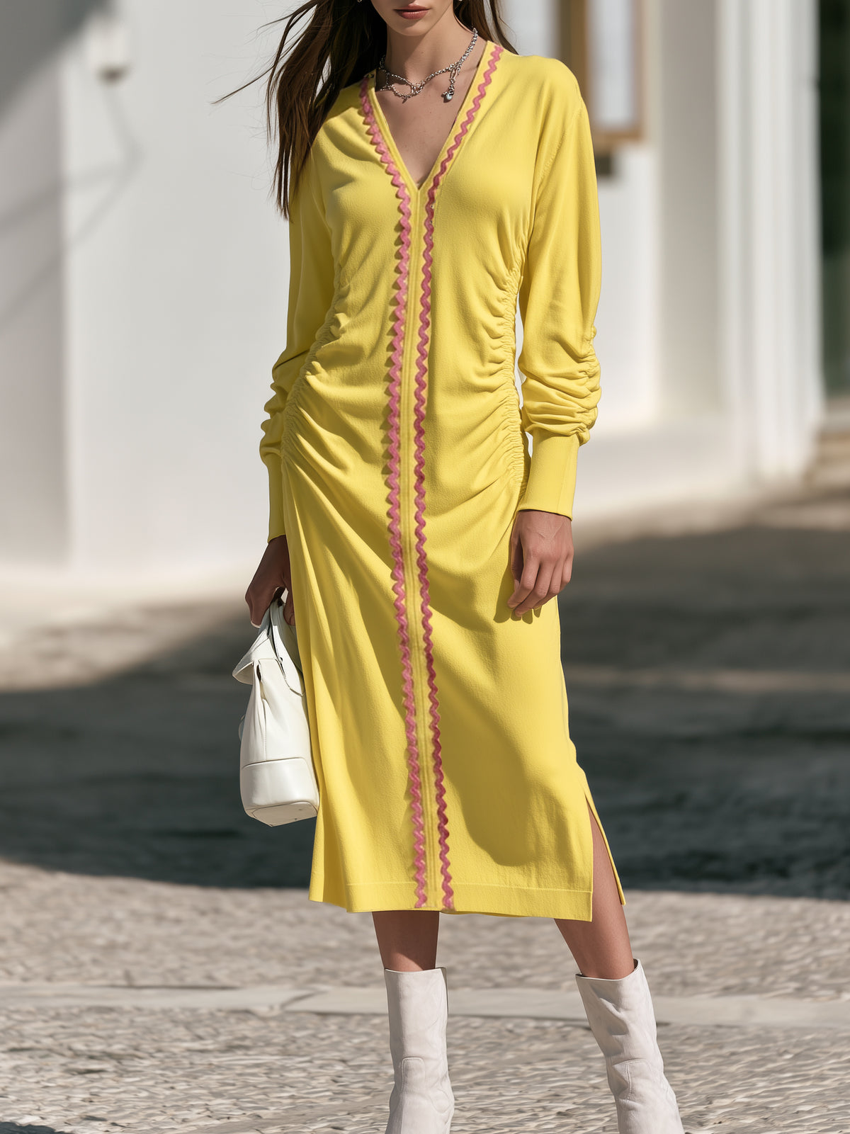 Mediterranean Riviera Bright Pink Trim Bright Yellow Ruched Midi Dress