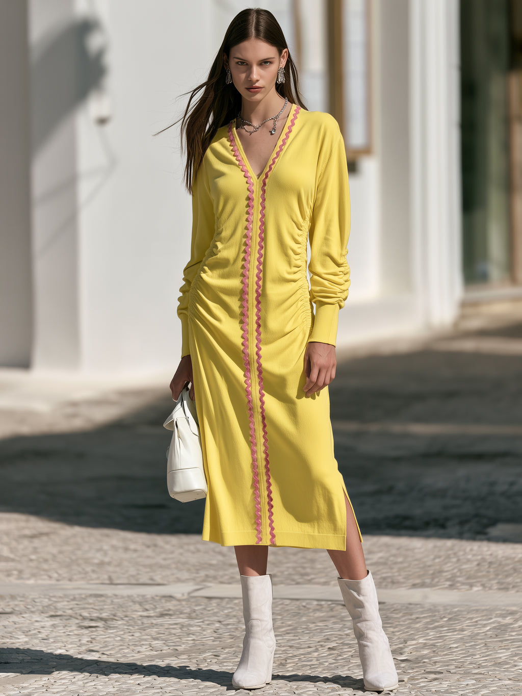Mediterranean Riviera Bright Pink Trim Bright Yellow Ruched Midi Dress