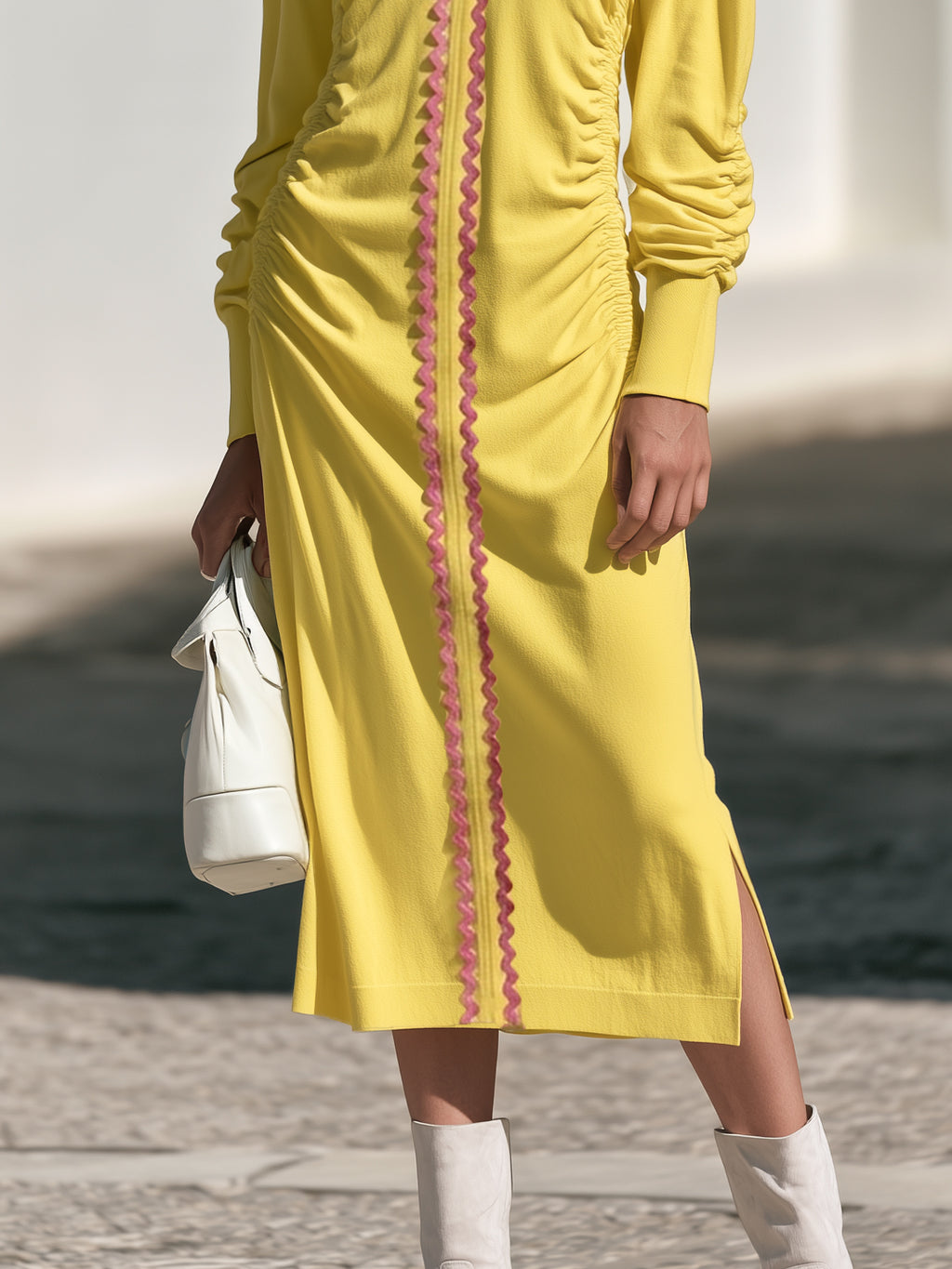 Mediterranean Riviera Bright Pink Trim Bright Yellow Ruched Midi Dress