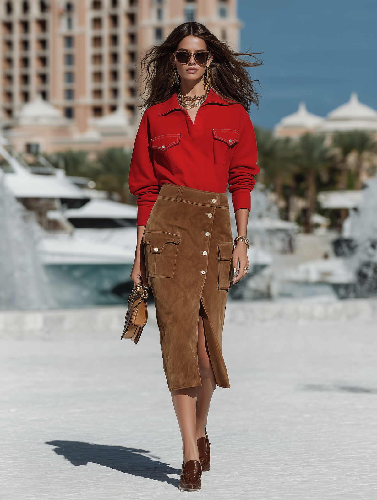 Resort-style Solid-color Collared Top And Button-slit Skirt Set