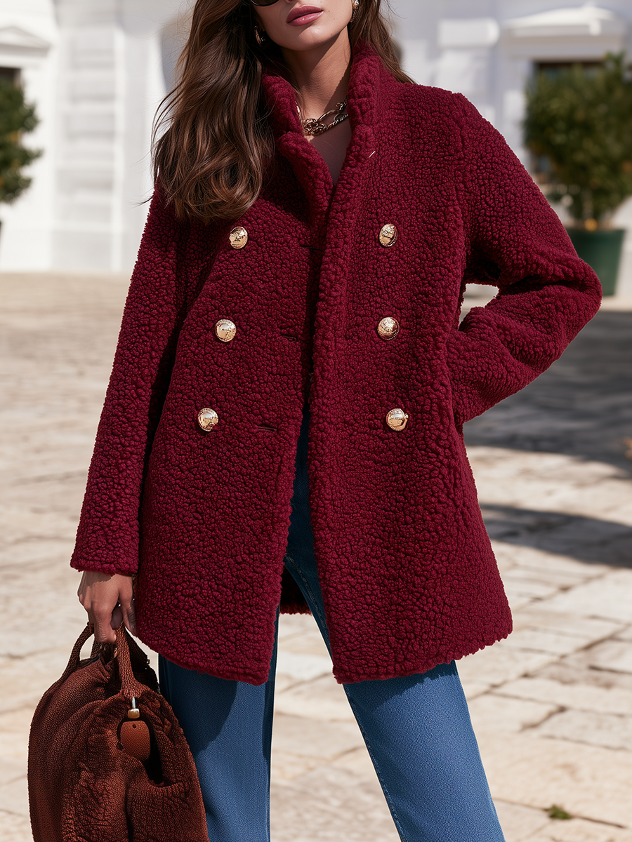 Wine Red Stand Collar Double-Breasted Gold Dome Button Side Pocket Faux Plush Teddy Sherpa Fleece Coat
