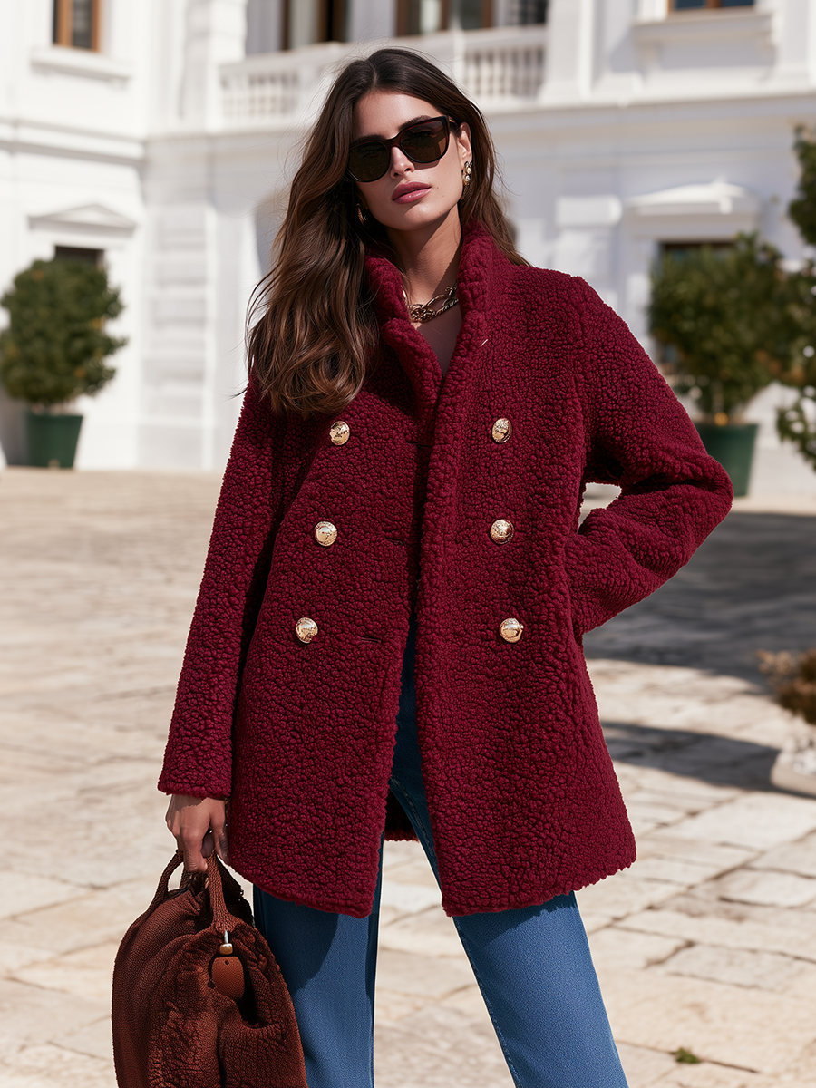 Wine Red Stand Collar Double-Breasted Gold Dome Button Side Pocket Faux Plush Teddy Sherpa Fleece Coat