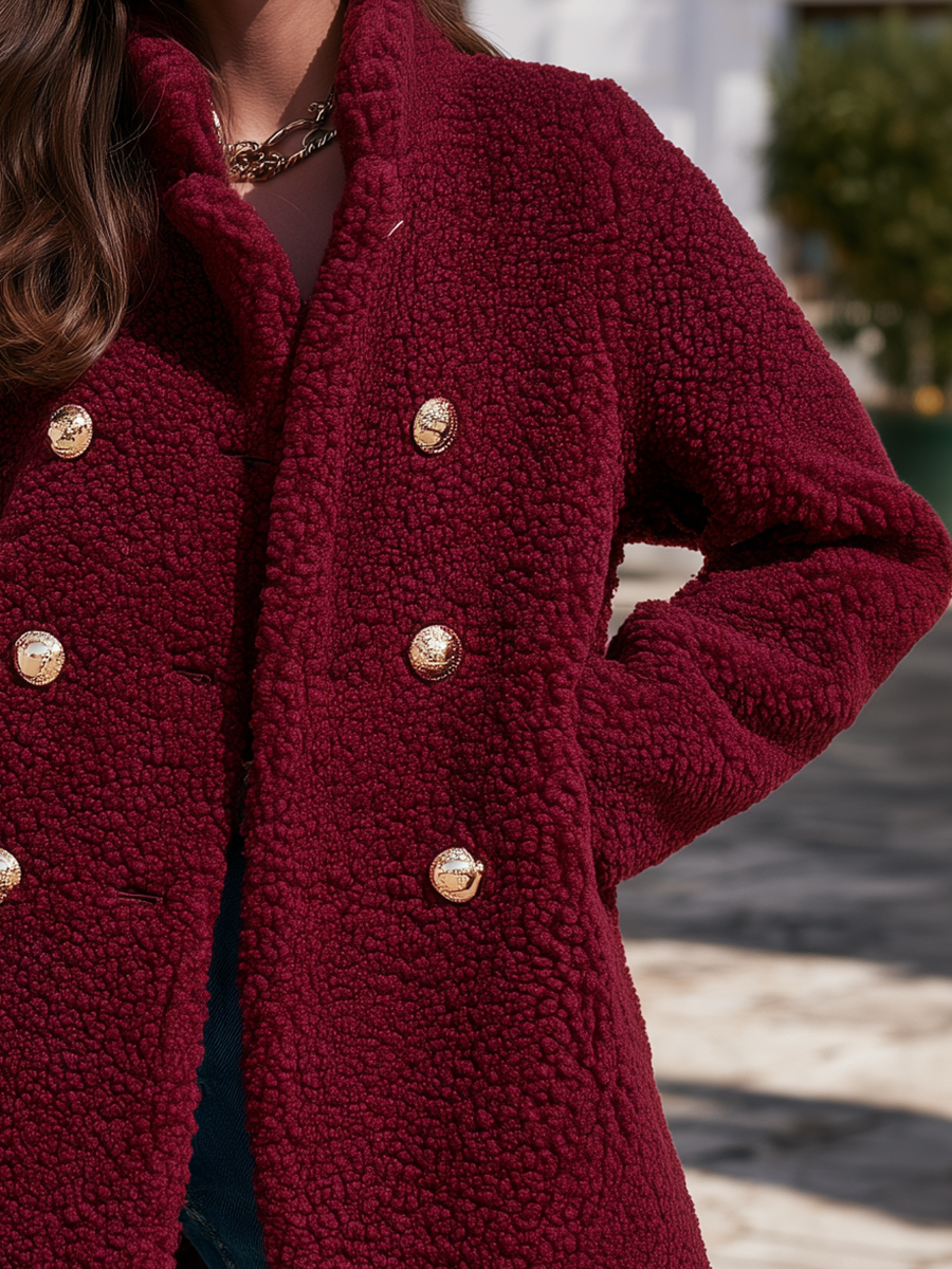 Wine Red Stand Collar Double-Breasted Gold Dome Button Side Pocket Faux Plush Teddy Sherpa Fleece Coat