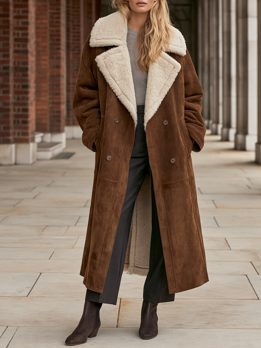 Women's Oversized Shearling-Look Lapels Brown Suede-Look Long Coat