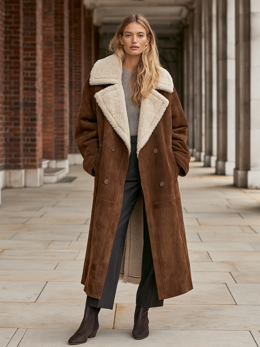 Women's Oversized Shearling-Look Lapels Brown Suede-Look Long Coat