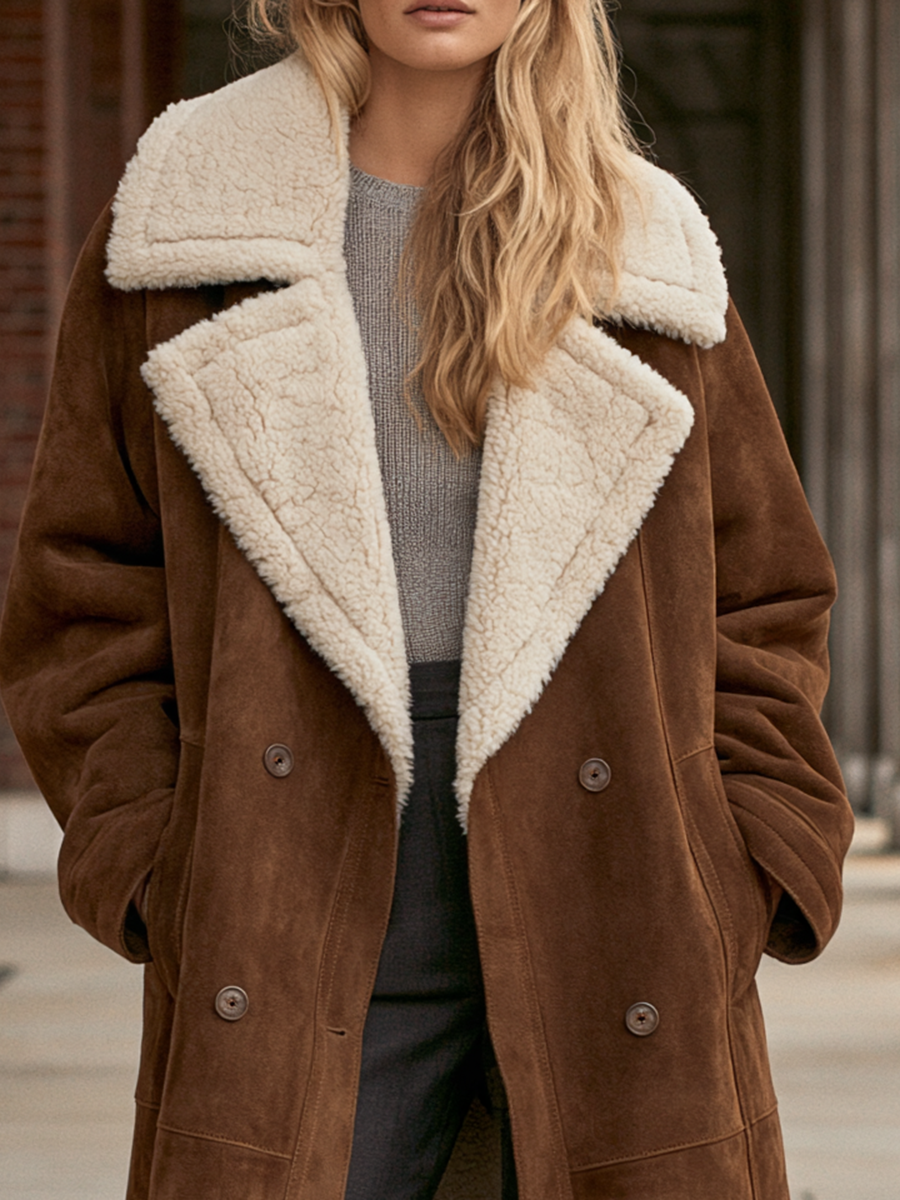 Women's Oversized Shearling-Look Lapels Brown Suede-Look Long Coat