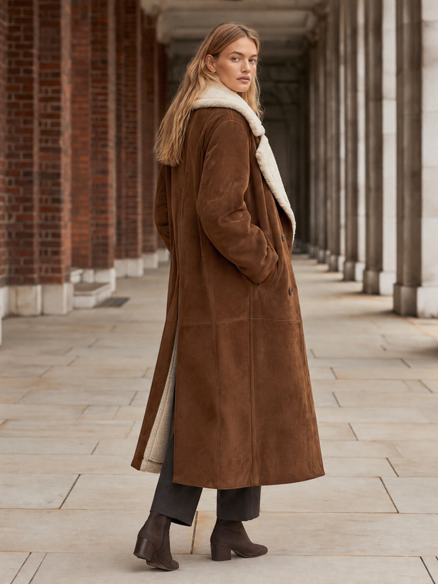 Women's Oversized Shearling-Look Lapels Brown Suede-Look Long Coat
