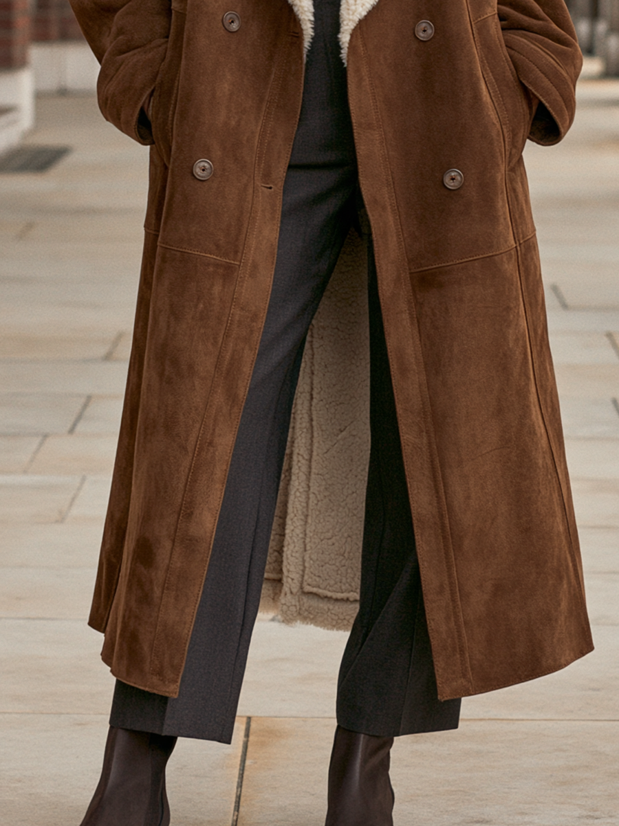 Women's Oversized Shearling-Look Lapels Brown Suede-Look Long Coat