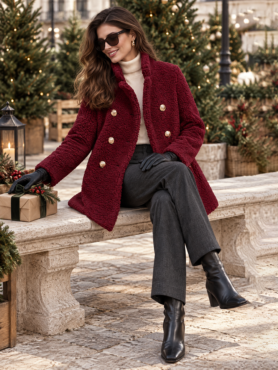 Wine Red Stand Collar Double-Breasted Gold Dome Button Side Pocket Faux Plush Teddy Sherpa Fleece Coat