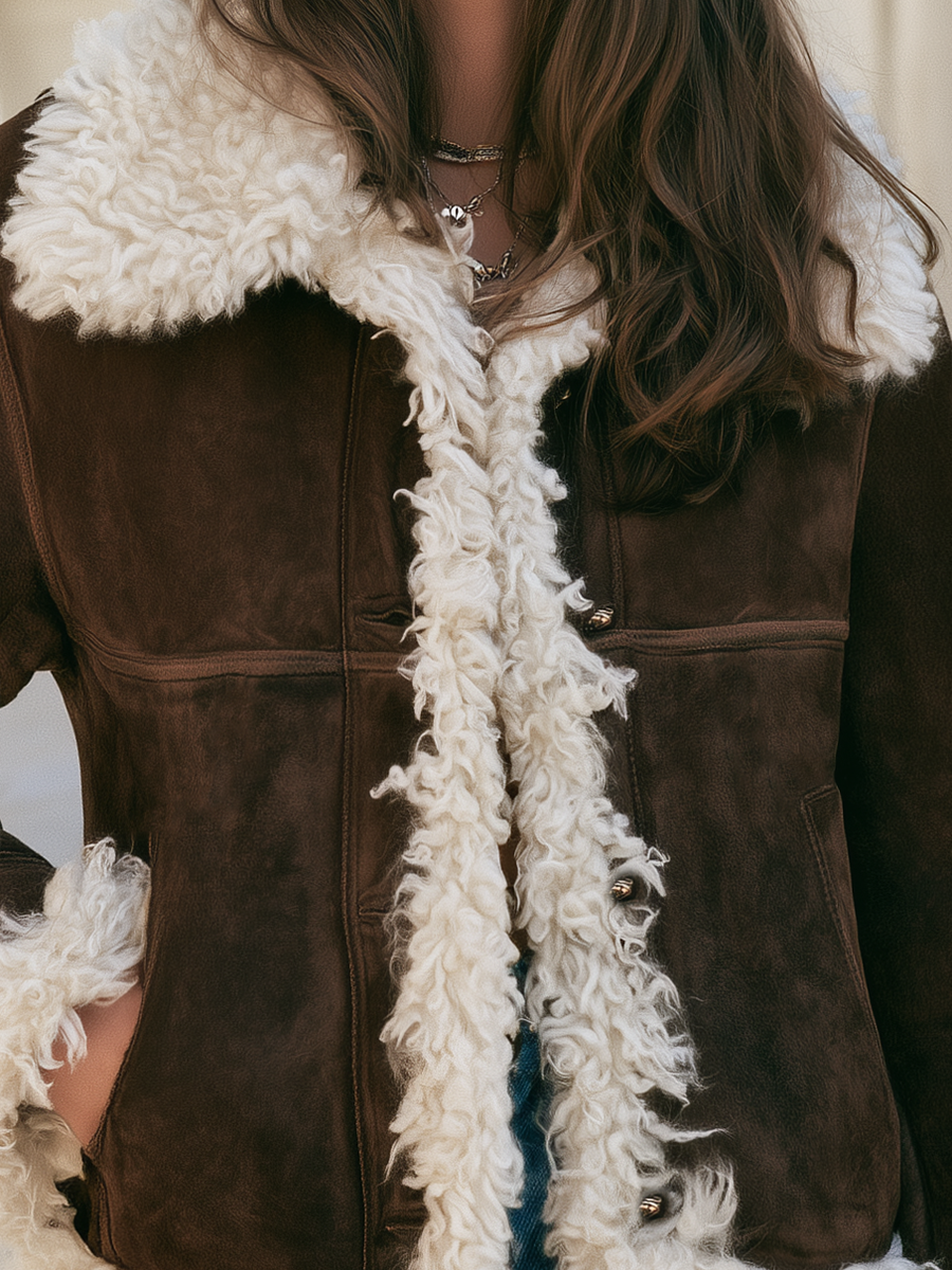 Old Money Style Chocolate Faux Suede-Look Button-Front Shearling-Style Trim Jacket