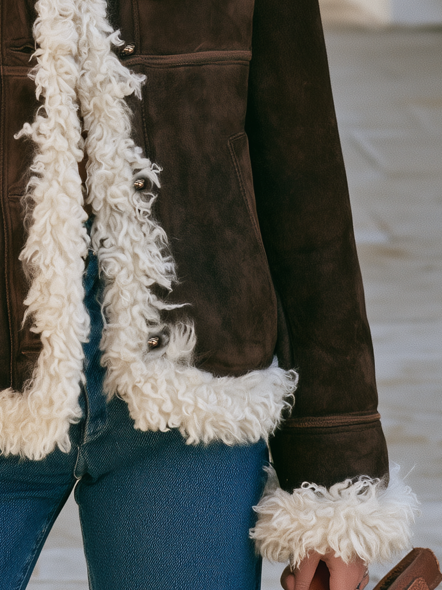Old Money Style Chocolate Faux Suede-Look Button-Front Shearling-Style Trim Jacket
