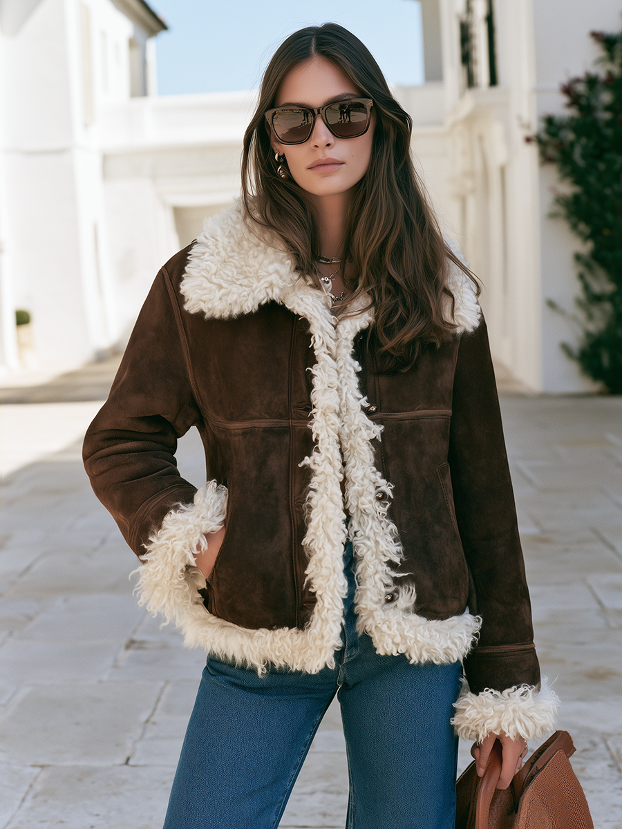 Old Money Style Chocolate Faux Suede-Look Button-Front Shearling-Style Trim Jacket