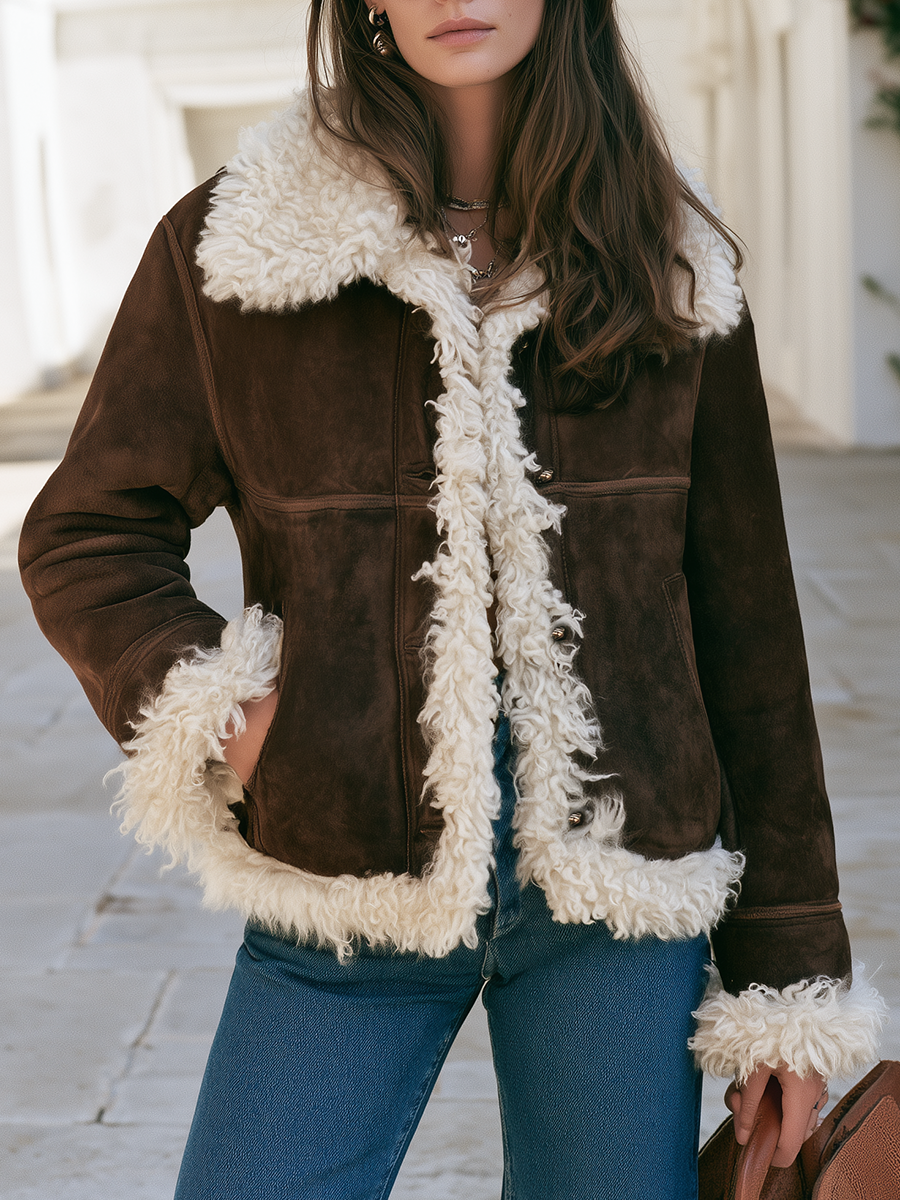 Old Money Style Chocolate Faux Suede-Look Button-Front Shearling-Style Trim Jacket