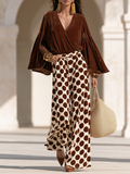 Retro-chic Solid-color Velvet Top With Flared Sleeves And Polka-dot Wide-leg Pants Set