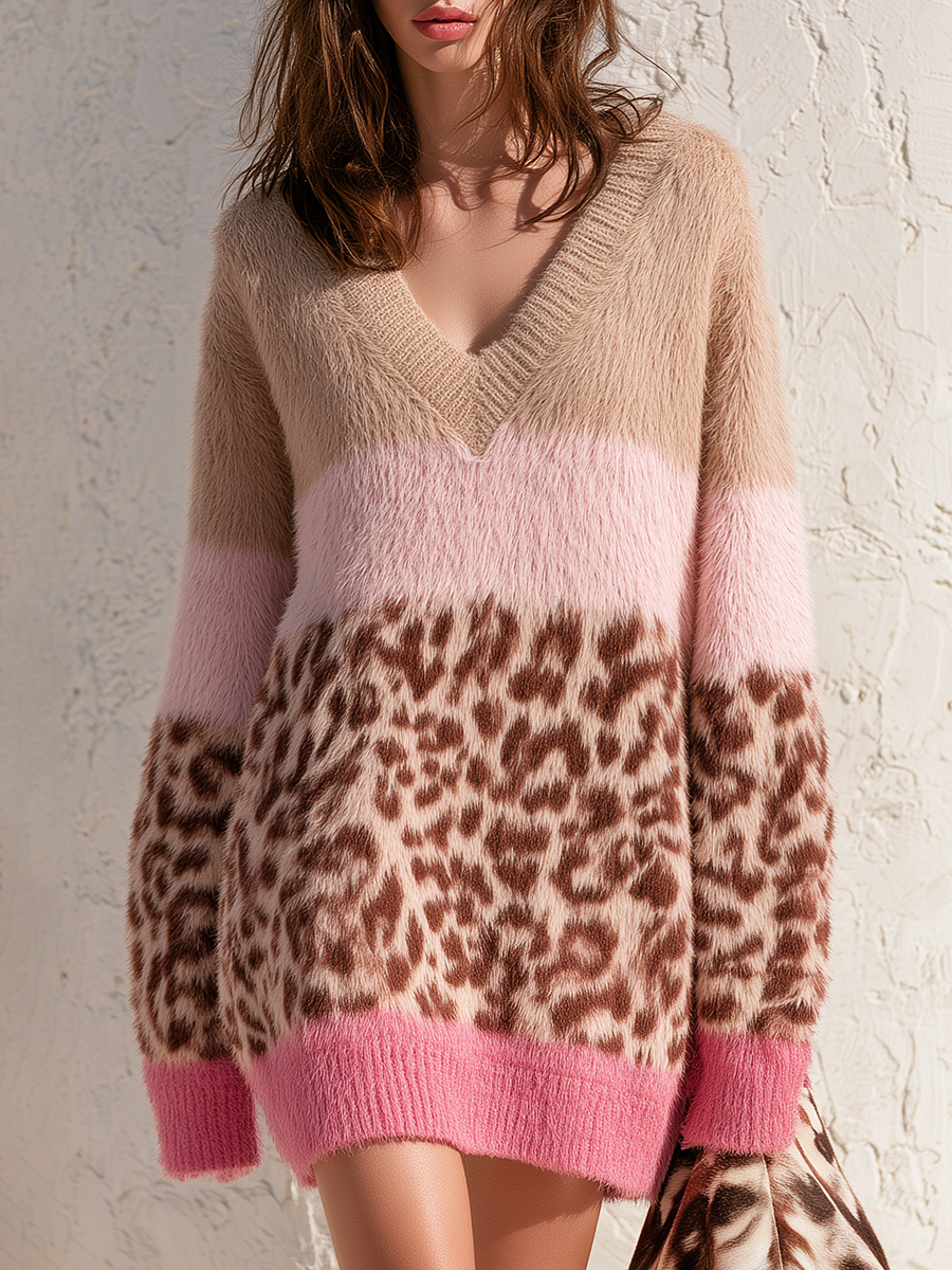 Retro-chic V-neck Leopard Print Fuzzy Pink Knit Mini Dress