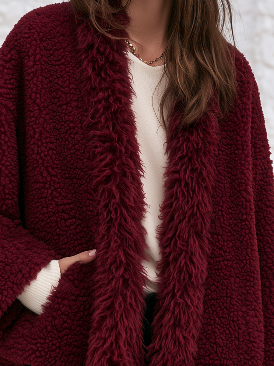 Burgundy Plush Teddy-Texture Fabric With Shaggy Shawl-Style Trim Coat