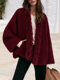 Burgundy Plush Teddy-Texture Fabric With Shaggy Shawl-Style Trim Coat