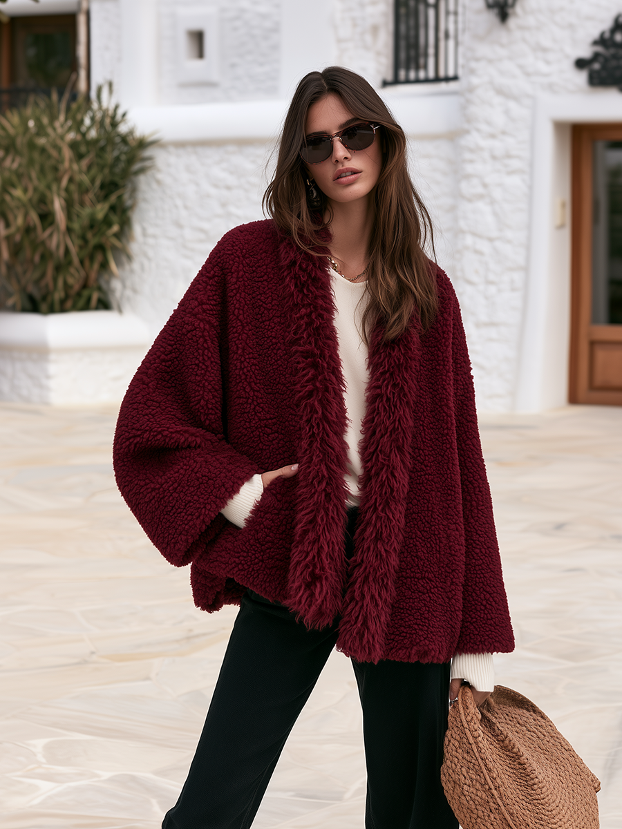 Burgundy Plush Teddy-Texture Fabric With Shaggy Shawl-Style Trim Coat