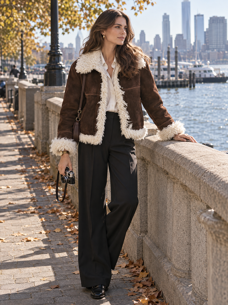 Old Money Style Chocolate Faux Suede-Look Button-Front Shearling-Style Trim Jacket