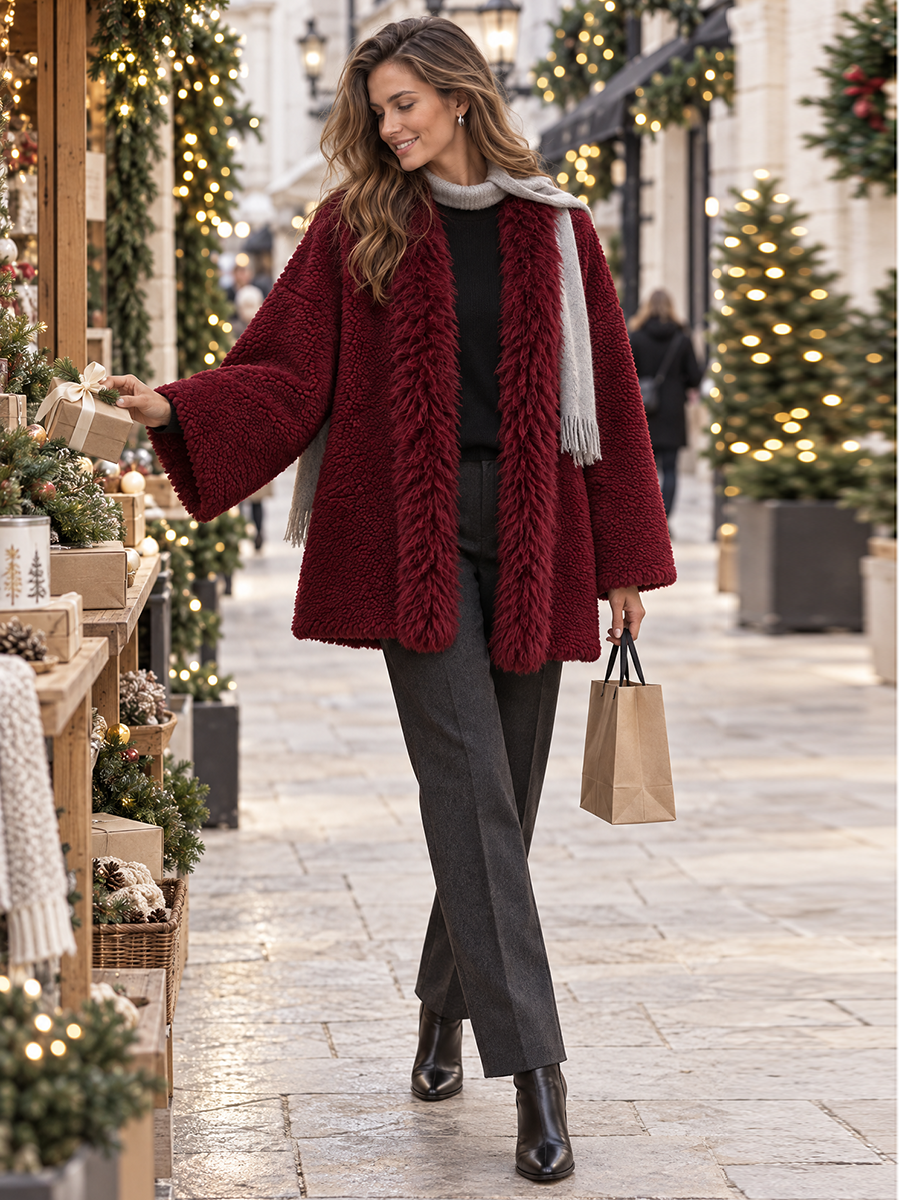 Burgundy Plush Teddy-Texture Fabric With Shaggy Shawl-Style Trim Coat